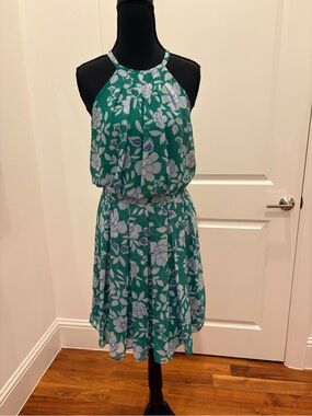Green Floral Halter Dress - Sleeveless Summer Dress Size 2